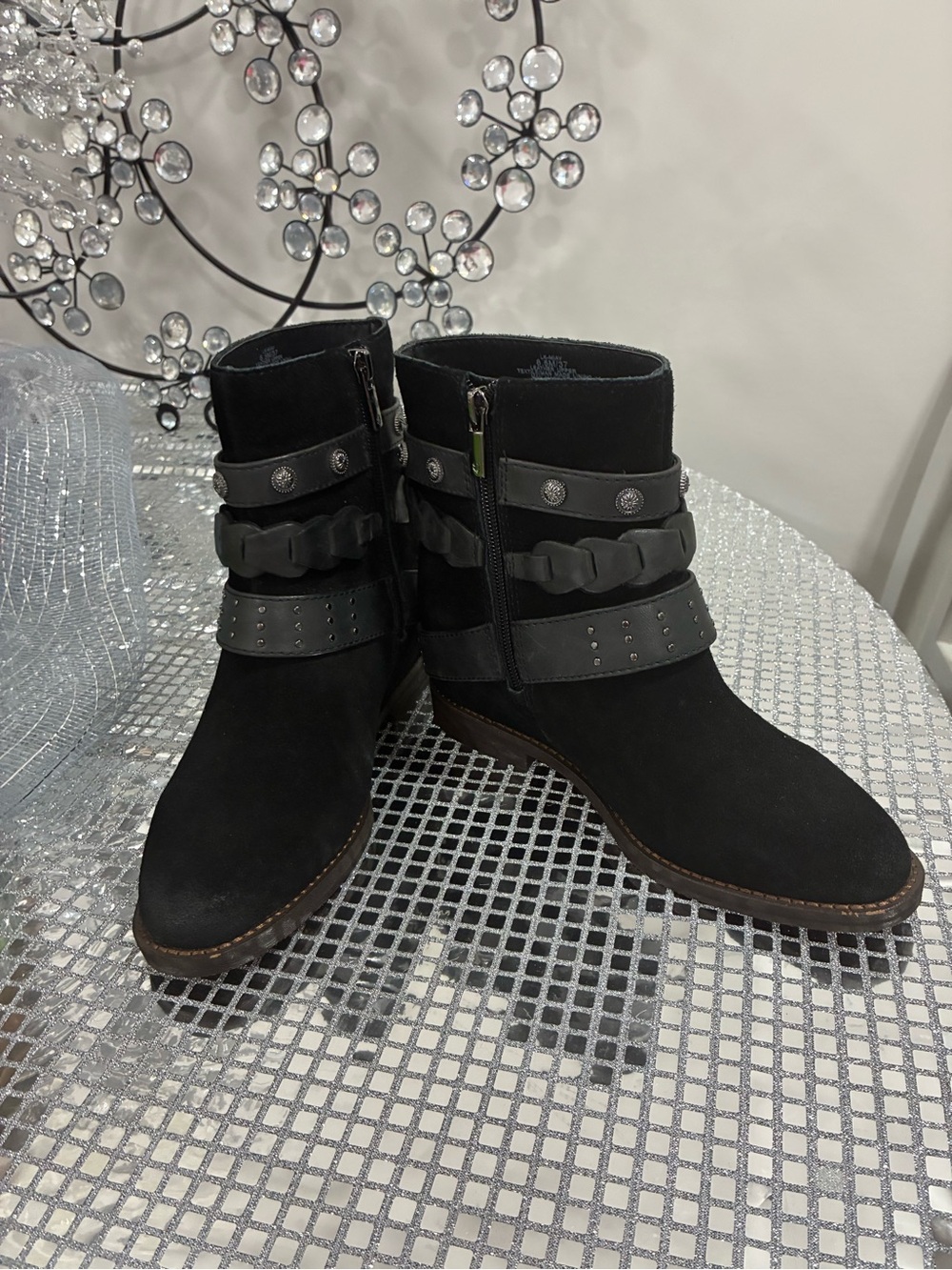 Lucky Brand Black Suede-Style Studded Wedge Ankle Boots